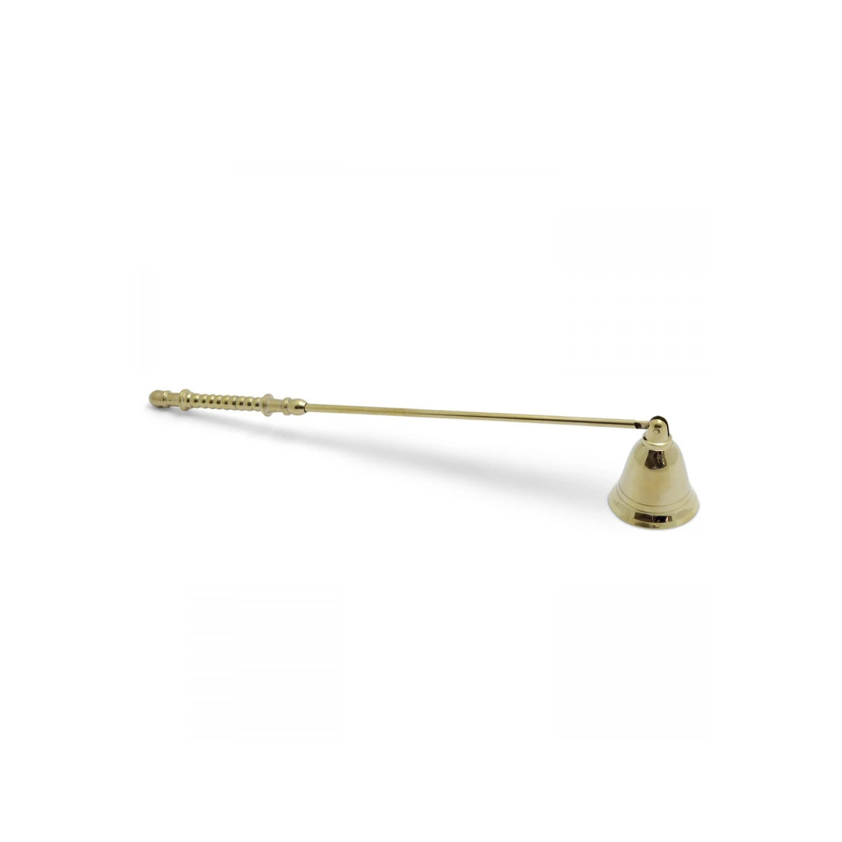 A brass candle snuffer with a long handle and a conical bell shown against a plain white background.