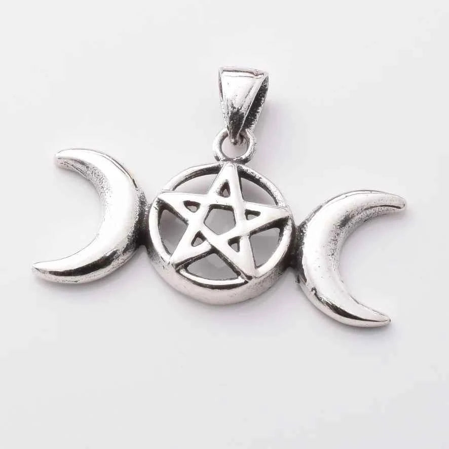 Silver Triple Moon and Pentacle Pendant