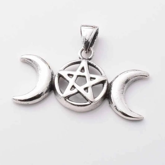 Silver Triple Moon and Pentacle Pendant