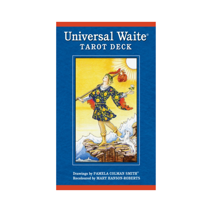 Universal Waite Tarot Deck box shown front-facing on a plain white background. The packaging is predominantly deep blue with red bands at the top and bottom, white title text, and a central illustrated tarot card scene featuring a figure in a blue patterned dress on a yellow background.