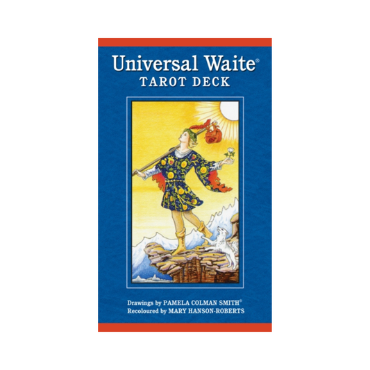 Universal Waite Tarot Deck box shown front-facing on a plain white background. The packaging is predominantly deep blue with red bands at the top and bottom, white title text, and a central illustrated tarot card scene featuring a figure in a blue patterned dress on a yellow background.